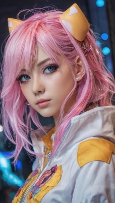 1girl,solo,long hair,looking at viewer,bangs,blue eyes,hair ornament,animal ears,jewelry,closed mouth,jacket,upper body,pink hair,earrings,hairclip,artist name,hood,medium hair,necklace,mole,blurry,lips,looking to the side,eyelashes,mole under eye,hoodie,makeup,depth of field,blurry background,piercing,white jacket,hood down,ear piercing,portrait,eyeshadow,zipper,freckles,pink lips,realistic,nose,stud earrings,eyeliner,parted lips,signature,from side,fake animal ears,swept bangs,mascara