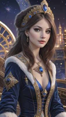 1girl,solo,long hair,breasts,looking at viewer,smile,brown hair,long sleeves,dress,cleavage,brown eyes,jewelry,medium breasts,closed mouth,upper body,earrings,small breasts,sky,necklace,hair bun,blurry,lips,fur trim,makeup,night,blurry background,blue dress,tiara,crown,gem,star (sky),night sky,pendant,realistic,red lips,blue coat