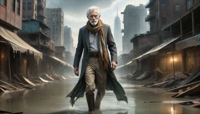 HQ,solo,looking at viewer,shirt,long sleeves,1boy,standing,white shirt,white hair,male focus,boots,outdoors,open clothes,sky,belt,pants,cloud,water,scarf,coat,blood,facial hair,scar,brown footwear,knee boots,cloudy sky,building,beard,reflection,walking,open coat,black coat,city,realistic,arms at sides,brown pants,ruins,old,lamppost,old man,brown scarf,puddle,yellow scarf,sunglasses,ring,scenery,rain,mustache,cityscape,long coat