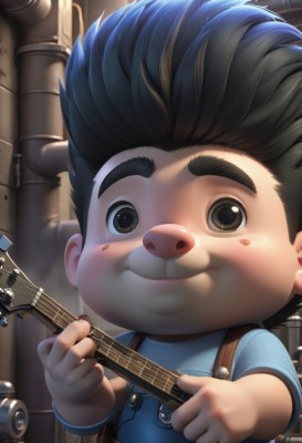 solo,looking at viewer,blush,smile,short hair,shirt,black hair,1boy,holding,brown eyes,closed mouth,upper body,short sleeves,male focus,black eyes,blush stickers,thick eyebrows,suspenders,blue shirt,spiked hair,instrument,child,guitar,overalls,male child,playing instrument,holding instrument,industrial pipe,alley,realistic,music