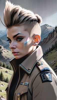 1girl,solo,looking at viewer,short hair,blue eyes,blonde hair,brown hair,jewelry,jacket,upper body,earrings,outdoors,parted lips,teeth,hair bun,uniform,lips,military,eyelashes,military uniform,makeup,facial mark,single hair bun,lipstick,brown jacket,mountain,nose,emblem,stud earrings,facepaint,undercut,military jacket,thick eyebrows,eyeshadow,realistic,eyeliner,very short hair,facial tattoo,hair pulled back,leather jacket,mascara