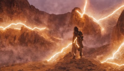 solo,1boy,holding,standing,weapon,male focus,outdoors,sky,cloud,bag,from behind,armor,glowing,backpack,helmet,scenery,1other,science fiction,rock,mountain,electricity,lightning,ambiguous gender,fog,long hair,boots,pants,glowing eyes,giant,orange theme,helm,holding helmet