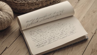 artist name,indoors,english text,book,no humans,table,wooden floor,paper,open book,realistic,food focus,still life,wooden table,wood,signature,leaf