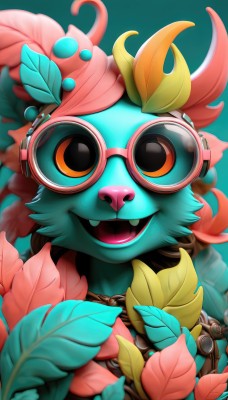 solo,looking at viewer,smile,open mouth,simple background,hair ornament,1boy,holding,jewelry,upper body,flower,:d,male focus,glasses,teeth,artist name,necklace,blurry,orange eyes,gradient,gradient background,no humans,headphones,leaf,fangs,plant,goggles,furry,green background,tinted eyewear,animal focus,aqua background,animal,feathers,pink-framed eyewear