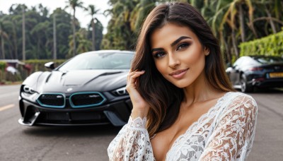 1girl,solo,long hair,breasts,looking at viewer,smile,large breasts,brown hair,black hair,cleavage,brown eyes,jewelry,medium breasts,upper body,earrings,outdoors,parted lips,dark skin,blurry,dark-skinned female,tree,lips,makeup,blurry background,ground vehicle,motor vehicle,hand in own hair,realistic,car,hair behind ear,vehicle focus,photo background,sports car,dress,teeth,day,hand up,white dress,mole,fingernails,see-through,depth of field,thick eyebrows,lace