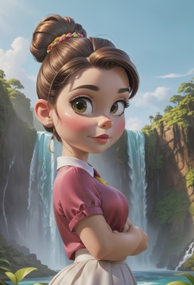 1girl,solo,breasts,looking at viewer,blush,smile,skirt,brown hair,shirt,hair ornament,brown eyes,jewelry,closed mouth,upper body,short sleeves,earrings,small breasts,outdoors,sky,day,puffy sleeves,artist name,cloud,water,hair bun,mole,from side,tree,blue sky,puffy short sleeves,lips,looking to the side,crossed arms,sunlight,single hair bun,thick eyebrows,white skirt,plant,freckles,pink shirt,nose,stud earrings,waterfall,short hair,leaf,lily pad