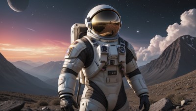 solo,gloves,1boy,standing,male focus,outdoors,sky,black gloves,cloud,bag,night,moon,backpack,helmet,star (sky),scenery,1other,starry sky,science fiction,rock,mountain,space,planet,mountainous horizon,ambiguous gender,shooting star,spacesuit,space helmet,astronaut