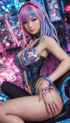 1girl,solo,long hair,breasts,looking at viewer,bangs,large breasts,navel,cleavage,bare shoulders,jewelry,medium breasts,sitting,closed mouth,underwear,blue hair,purple eyes,pink hair,purple hair,thighs,multicolored hair,hairband,choker,blunt bangs,blurry,bracelet,two-tone hair,lips,realistic,panties,collar,grey eyes,watermark,chair,piercing,revealing clothes