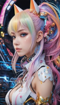 1girl,solo,long hair,breasts,looking at viewer,bangs,blue eyes,blonde hair,large breasts,hair ornament,animal ears,cleavage,jewelry,medium breasts,upper body,ponytail,pink hair,sidelocks,multicolored hair,earrings,parted lips,green hair,blurry,from side,two-tone hair,lips,streaked hair,eyelashes,gradient hair,makeup,blurry background,headgear,high ponytail,lipstick,armlet,eyeshadow,science fiction,realistic,nose,eyeliner,mascara,bare shoulders,closed mouth,flower,artist name,signature,hair flower,aqua hair,buttons,depth of field,fake animal ears,pink lips,red lips,cable,cyberpunk