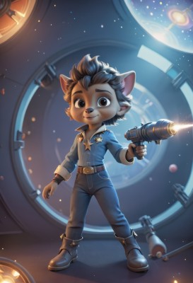 solo,looking at viewer,smile,short hair,brown hair,shirt,black hair,gloves,long sleeves,1boy,holding,animal ears,brown eyes,closed mouth,standing,jacket,full body,weapon,male focus,boots,belt,pants,artist name,signature,fingerless gloves,star (symbol),holding weapon,gun,watermark,holding gun,furry,brown gloves,blue pants,space,furry male,male child,energy gun,blue hair,multicolored hair,teeth,pointy ears,two-tone hair,star (sky),web address,extra ears,buckle,science fiction,belt buckle,animal nose,snout,brown fur