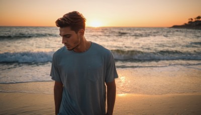 solo,short hair,brown hair,shirt,black hair,1boy,closed eyes,white shirt,upper body,short sleeves,male focus,outdoors,water,blurry,facial hair,ocean,beach,dark-skinned male,blue shirt,t-shirt,grey shirt,beard,sunset,realistic,sand,stubble,photo background,shore,closed mouth,sky,blurry background,horizon,undercut