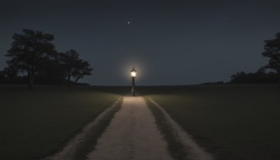 outdoors,sky,tree,no humans,night,moon,grass,star (sky),night sky,scenery,starry sky,lantern,road,dark,crescent moon,lamppost,path,light