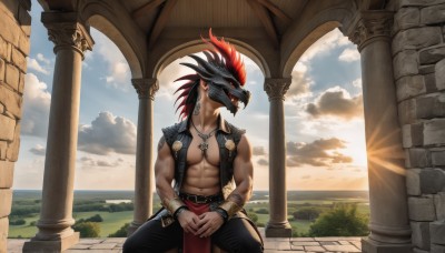 solo,long hair,red eyes,1boy,jewelry,sitting,male focus,red hair,earrings,outdoors,open clothes,sky,teeth,day,belt,pants,cloud,necklace,vest,bracelet,mask,muscular,black pants,abs,sunlight,helmet,cloudy sky,feathers,pectorals,muscular male,sun,leather,pillar,open vest,arch,column,open mouth,black hair,navel,water,ocean,fangs,own hands together,sunset,bare pectorals,sunrise