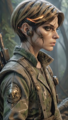 1girl,solo,looking at viewer,short hair,brown hair,brown eyes,jewelry,jacket,upper body,weapon,earrings,parted lips,blurry,uniform,from side,tree,lips,gun,military,military uniform,profile,blurry background,scar,nature,rifle,forest,freckles,science fiction,realistic,nose,camouflage,soldier,earpiece,patch,shirt,black hair,closed mouth,hairband,outdoors,day,signature,vest,looking to the side,eyelashes,depth of field,glowing,zipper,headset,serious,emblem,cyborg,dirty,dirty face,camouflage jacket