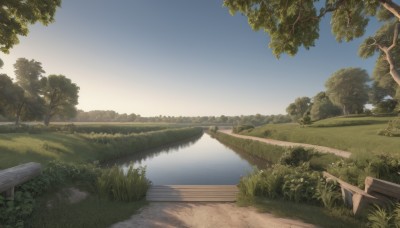 outdoors,sky,day,cloud,water,tree,blue sky,no humans,sunlight,grass,plant,nature,scenery,forest,reflection,sunset,mountain,fence,road,bush,bridge,river,landscape,lake,path,hill