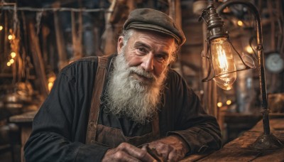 solo,looking at viewer,long sleeves,1boy,hat,closed mouth,upper body,white hair,grey hair,male focus,indoors,blurry,black headwear,depth of field,blurry background,facial hair,table,beard,lantern,realistic,mustache,brown headwear,lamp,overalls,old,old man,light bulb,wrinkled skin,gloves,holding,apron,grey eyes,beret,brown gloves