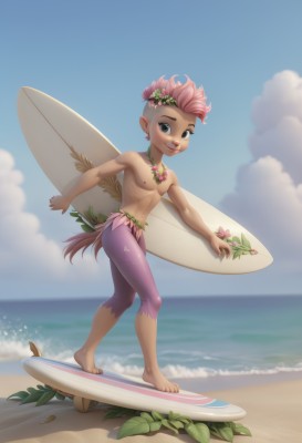 solo,looking at viewer,smile,open mouth,hair ornament,1boy,navel,holding,brown eyes,jewelry,nipples,tail,full body,pink hair,flower,male focus,earrings,outdoors,sky,barefoot,teeth,day,pointy ears,artist name,cloud,hair flower,dark skin,water,necklace,blue sky,ocean,leaf,beach,dark-skinned male,pectorals,walking,topless male,sand,male child,surfboard,wings,no humans,fairy wings