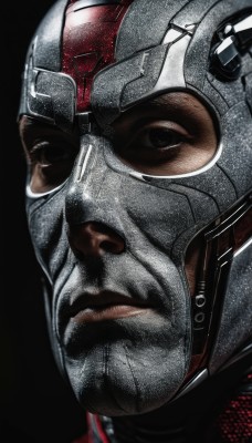 solo,simple background,1boy,closed mouth,upper body,male focus,armor,lips,helmet,black background,portrait,close-up,science fiction,realistic,manly,looking at viewer,shiny,black eyes,mask,superhero,power armor