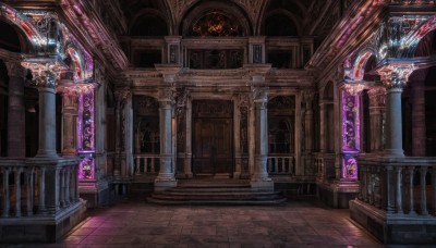 indoors,no humans,window,scenery,crystal,stairs,fantasy,architecture,pillar,stained glass,church,arch,column,sunlight,fire,light rays,wooden floor,magic circle,tile floor,statue