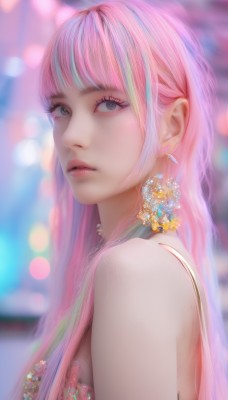 1girl,solo,long hair,looking at viewer,bangs,blue eyes,dress,bare shoulders,jewelry,blue hair,upper body,pink hair,multicolored hair,earrings,parted lips,sleeveless,blunt bangs,blurry,from side,two-tone hair,lips,streaked hair,looking to the side,grey eyes,eyelashes,makeup,depth of field,blurry background,gem,eyeshadow,realistic,nose,bokeh,flower earrings,artist name,mole,pink lips,mascara