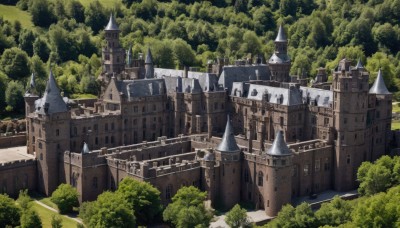 outdoors,day,tree,no humans,building,nature,scenery,forest,fantasy,bush,architecture,bridge,river,castle,tower,city