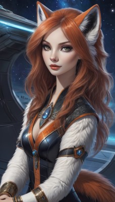 1girl,solo,long hair,breasts,looking at viewer,smile,brown hair,long sleeves,animal ears,cleavage,brown eyes,jewelry,medium breasts,tail,yellow eyes,upper body,sky,artist name,orange hair,lips,fox ears,makeup,night,fox tail,wavy hair,own hands together,lipstick,brooch,gem,star (sky),starry sky,red lips,space,closed mouth,red hair,parted bangs,fox girl,freckles