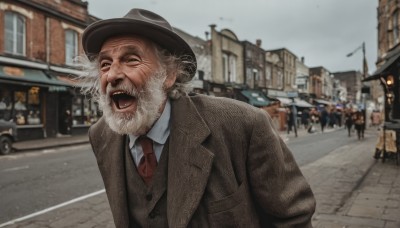 solo,open mouth,shirt,1boy,hat,jacket,white shirt,upper body,grey hair,male focus,outdoors,necktie,teeth,day,collared shirt,blurry,vest,coat,black headwear,blurry background,facial hair,parody,formal,suit,red necktie,ground vehicle,building,motor vehicle,beard,meme,black vest,brown jacket,city,realistic,mustache,brown headwear,car,road,old,brown coat,old man,street,brown vest,fedora,photo background,real life insert,looking at viewer,smile,white hair,sky,solo focus,laughing,crowd,horror (theme),people,sidewalk