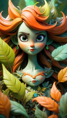 1girl,solo,long hair,looking at viewer,blush,holding,jewelry,closed mouth,green eyes,upper body,flower,red hair,earrings,pointy ears,artist name,orange hair,blurry,lips,eyelashes,makeup,depth of field,colored skin,leaf,plant,gem,red lips,hair ornament,bare shoulders,watermark,sunlight,lipstick,nature,web address,freckles