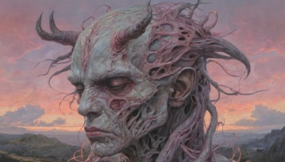 solo,closed mouth,outdoors,horns,sky,cloud,signature,lips,no humans,cloudy sky,portrait,scenery,tentacles,sunset,monster,mountain,realistic,fantasy,extra eyes,alien,1boy,male focus,from side,profile,colored skin,mountainous horizon,orange sky,multiple horns,red sky