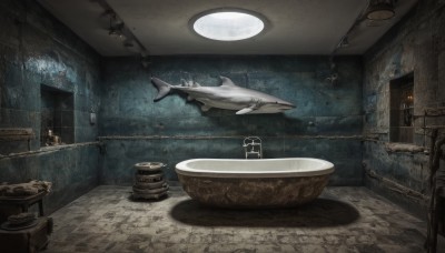 indoors,water,no humans,chain,table,scenery,fish,door,lamp,candle,watercraft,chandelier,animal,chair,stairs,underwater,fantasy,tiles,light,wall,shark,candlestand