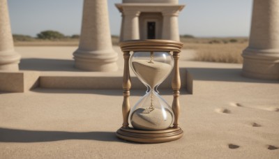 outdoors,sky,day,blurry,blue sky,no humans,blurry background,shadow,scenery,sand,road,pillar,pocket watch,still life,desert,column,depth of field