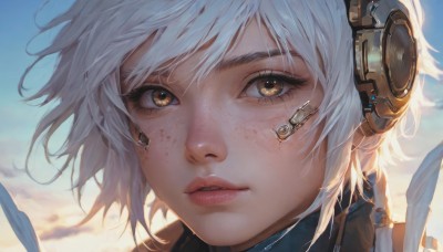 1girl,solo,looking at viewer,short hair,bangs,brown eyes,white hair,outdoors,parted lips,sky,day,artist name,cloud,blue sky,lips,eyelashes,headphones,portrait,close-up,freckles,realistic,nose,yellow eyes,looking to the side,cloudy sky,wind,headset