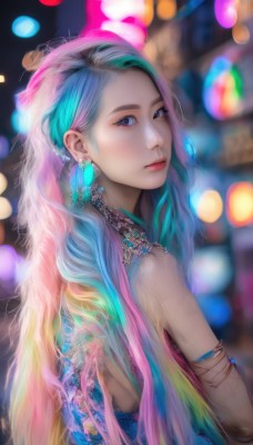 1girl,solo,long hair,looking at viewer,blue eyes,dress,bare shoulders,jewelry,closed mouth,blue hair,upper body,pink hair,multicolored hair,earrings,looking back,necklace,from behind,blurry,bracelet,two-tone hair,lips,eyelashes,aqua hair,gradient hair,makeup,depth of field,blurry background,lipstick,gem,veil,armlet,eyeshadow,realistic,nose,bokeh,colorful,rainbow hair,purple eyes,artist name,from side,piercing