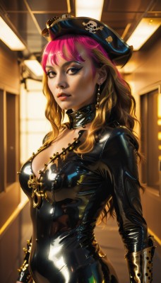 1girl,solo,long hair,breasts,looking at viewer,blonde hair,hat,cleavage,brown eyes,jewelry,medium breasts,pink hair,multicolored hair,earrings,parted lips,choker,shiny,indoors,signature,blurry,collar,two-tone hair,lips,shiny skin,eyelashes,bodysuit,gradient hair,makeup,lipstick,skin tight,eyeshadow,zipper,shiny clothes,realistic,nose,black bodysuit,unzipped,eyeliner,leather,latex,pirate hat,latex bodysuit,sweat