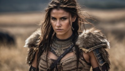 1girl,solo,long hair,breasts,looking at viewer,blue eyes,brown hair,black hair,brown eyes,jewelry,medium breasts,closed mouth,upper body,earrings,armor,blurry,lips,fur trim,blurry background,shoulder armor,messy hair,freckles,pauldrons,realistic,nose,dirty,serious,desert,chainmail