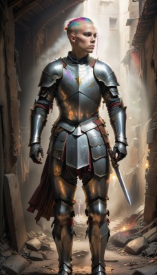 1girl,solo,1boy,standing,full body,weapon,pink hair,white hair,male focus,multicolored hair,boots,belt,sword,artist name,armor,lips,makeup,fire,knife,shoulder armor,gauntlets,pauldrons,breastplate,fantasy,armored boots,bald,greaves,ruins,knight,full armor,chainmail,plate armor,short hair,blue eyes,gloves,blue hair,ponytail,two-tone hair,book,web address,realistic,dagger