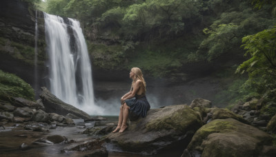 1girl, solo, long hair, skirt, blonde hair, sitting, outdoors, barefoot, pointy ears, water, tree, topless, nature, scenery, forest, rock, river, waterfall, moss