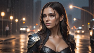 1girl,solo,long hair,breasts,large breasts,brown hair,black hair,cleavage,brown eyes,medium breasts,closed mouth,collarbone,upper body,outdoors,solo focus,water,armor,blurry,lips,wet,looking to the side,grey eyes,night,depth of field,blurry background,looking away,ground vehicle,shoulder armor,motor vehicle,forehead,rain,pauldrons,city,realistic,nose,car,wet hair,leather,shoulder pads,makeup,bokeh