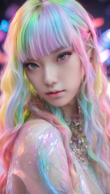 1girl,solo,long hair,looking at viewer,bangs,blue eyes,blonde hair,bare shoulders,jewelry,closed mouth,green eyes,upper body,pink hair,multicolored hair,green hair,blunt bangs,necklace,blurry,lips,eyelashes,gradient hair,makeup,depth of field,blurry background,wavy hair,portrait,realistic,colorful,rainbow hair,breasts,dress,blue hair,streaked hair,watermark,pink lips,nose,bokeh,mascara