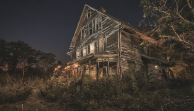 outdoors,sky,tree,no humans,window,night,grass,plant,ground vehicle,building,star (sky),night sky,scenery,starry sky,stairs,door,road,house,lantern,dark