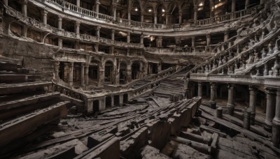 monochrome,indoors,no humans,building,scenery,stairs,railing,architecture,ruins,bridge,pillar,statue,arch,column