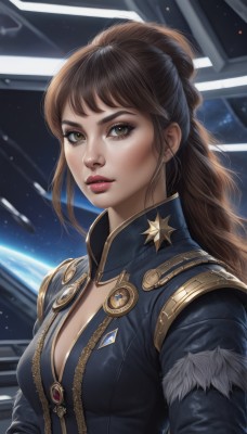 1girl,solo,long hair,breasts,looking at viewer,bangs,brown hair,cleavage,brown eyes,jewelry,medium breasts,upper body,hair bun,star (symbol),lips,fur trim,eyelashes,makeup,single hair bun,lipstick,realistic,nose,red lips,space,planet,earth (planet),jacket,ponytail,parted lips,artist name,science fiction,spacecraft