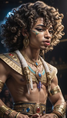 solo,looking at viewer,brown hair,black hair,1boy,jewelry,nipples,upper body,male focus,earrings,artist name,dark skin,necklace,blurry,black eyes,bracelet,lips,blurry background,facial mark,dark-skinned male,ring,own hands together,feathers,pectorals,gem,armlet,curly hair,topless male,realistic,nose,bracer,facepaint,dreadlocks,afro,tooth necklace,long hair,brown eyes,muscular,facial hair,piercing,abs,egyptian clothes