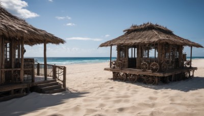 outdoors,sky,day,cloud,water,blue sky,no humans,window,shadow,ocean,beach,scenery,sand,railing,horizon,shade,watercraft,shore,barrel,crate,ground vehicle,building,stairs,door,gears,ladder