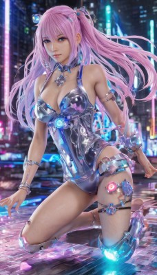 1girl,solo,long hair,breasts,looking at viewer,bangs,blue eyes,large breasts,hair ornament,cleavage,bare shoulders,twintails,jewelry,medium breasts,full body,pink hair,barefoot,blurry,bracelet,leotard,lips,kneeling,thigh strap,detached collar,blurry background,armlet,science fiction,city,realistic,closed mouth,swimsuit,outdoors,choker,shiny,necklace,shiny skin,night,watermark,building,gem,android,cyborg,city lights,cyberpunk,neon lights,hologram