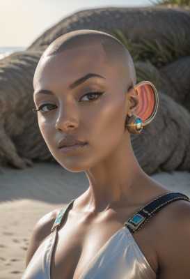 1girl,solo,breasts,looking at viewer,smile,short hair,large breasts,cleavage,brown eyes,jewelry,medium breasts,collarbone,swimsuit,upper body,bikini,earrings,outdoors,day,dark skin,blurry,dark-skinned female,lips,eyelashes,blurry background,white bikini,portrait,realistic,nose,bald,very short hair,bare shoulders,thick eyebrows,rock,very dark skin