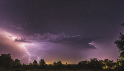 outdoors,sky,cloud,tree,no humans,cloudy sky,grass,nature,scenery,forest,sunset,electricity,lightning,landscape,purple sky,night,night sky,twilight