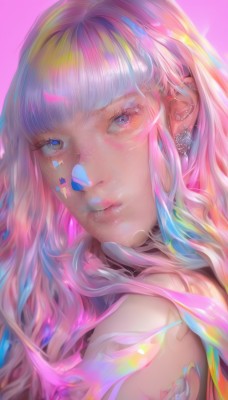 1girl,solo,long hair,looking at viewer,bangs,blue eyes,simple background,bare shoulders,jewelry,closed mouth,blue hair,upper body,pink hair,multicolored hair,earrings,blunt bangs,lips,eyelashes,makeup,piercing,pink background,ear piercing,portrait,bandaid,pink lips,nose,tattoo