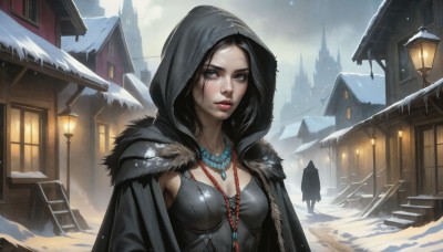 HQ,1girl,solo,long hair,breasts,looking at viewer,black hair,cleavage,brown eyes,jewelry,medium breasts,upper body,outdoors,parted lips,sky,solo focus,hood,necklace,cape,armor,lips,grey eyes,fur trim,building,cloak,snow,hood up,snowing,nose,house,winter,hooded cloak,town,short hair,standing,black eyes,window,night,scar,beads,stairs,realistic,lamppost