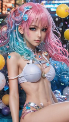 1girl,solo,long hair,breasts,looking at viewer,bangs,blue eyes,hair ornament,navel,cleavage,bare shoulders,jewelry,medium breasts,sitting,underwear,blue hair,swimsuit,pink hair,flower,bikini,multicolored hair,earrings,parted lips,shorts,shiny,artist name,hair flower,water,necklace,stomach,bra,blurry,two-tone hair,lips,eyelashes,aqua hair,gradient hair,makeup,depth of field,blurry background,arm support,watermark,white bikini,gem,web address,strap slip,white bra,bubble,pink lips,realistic,nose,arms at sides,balloon